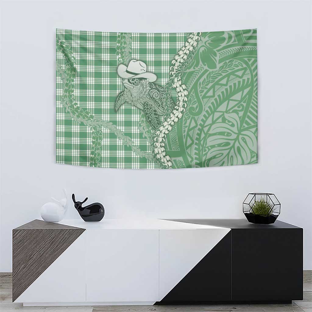 Green Hawaii Palaka Cowboy Turtle Tapestry Hawaiian Paniolo Puakenikeni Maile Lei - Polynesian Pride