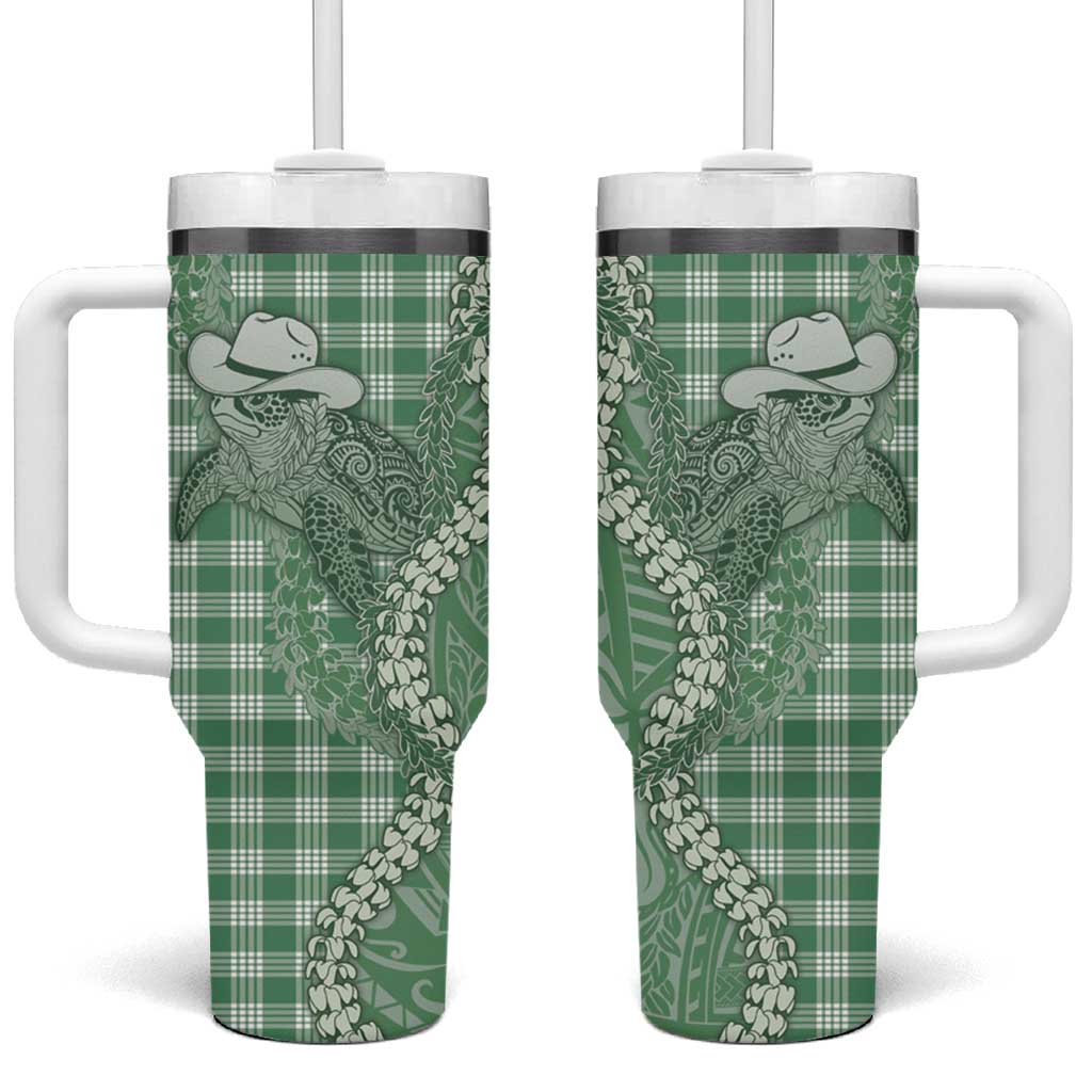 Green Hawaii Palaka Cowboy Turtle Tumbler With Handle Hawaiian Paniolo Puakenikeni Maile Lei - Polynesian Pride