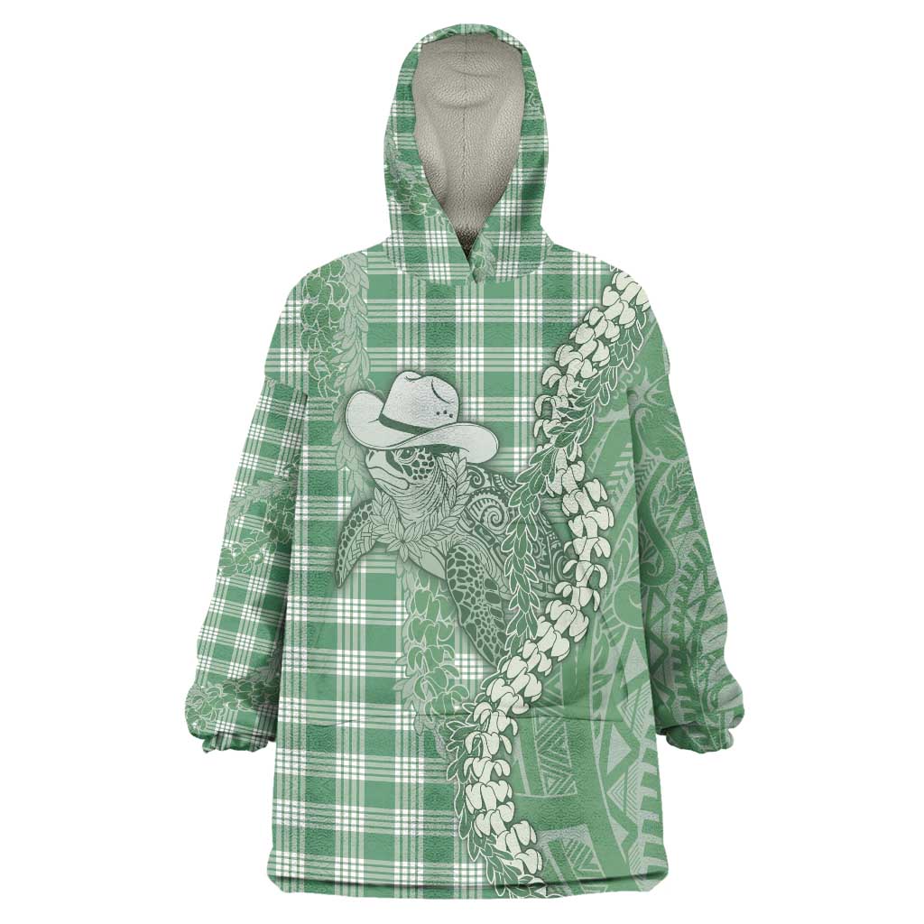 Green Hawaii Palaka Cowboy Turtle Wearable Blanket Hoodie Hawaiian Paniolo Puakenikeni Maile Lei DT05 One Size Green - Polynesian Pride