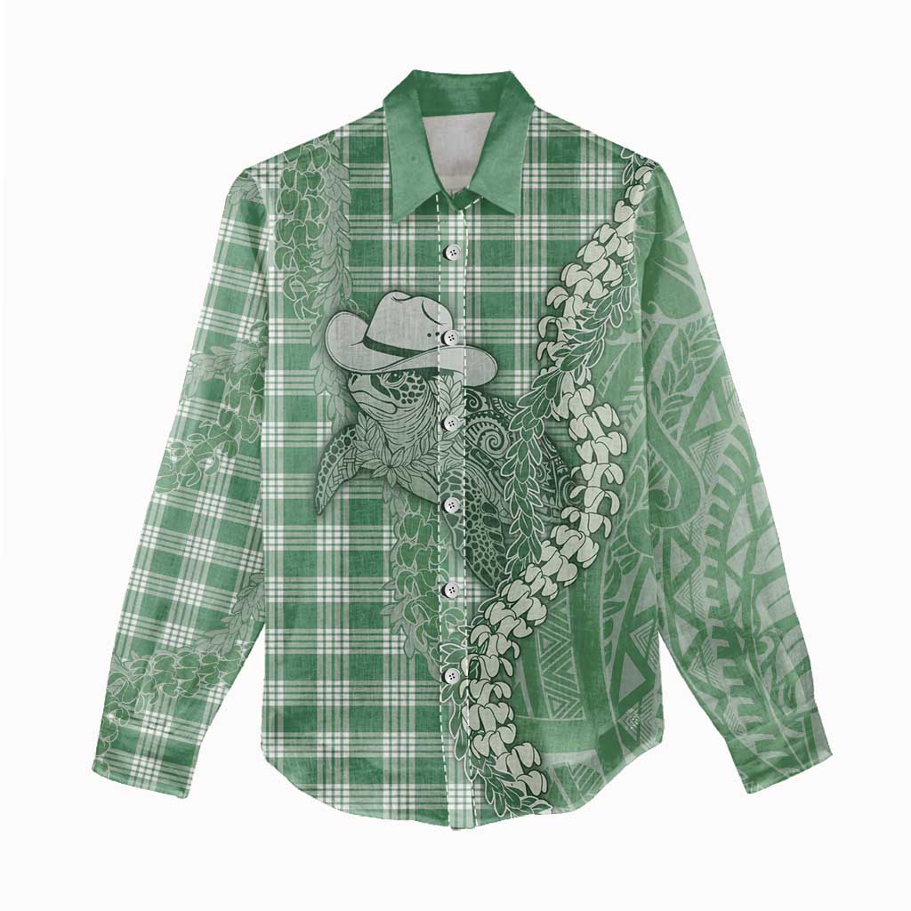 Green Hawaii Palaka Cowboy Turtle Women Casual Shirt Hawaiian Paniolo Puakenikeni Maile Lei DT05 - Polynesian Pride