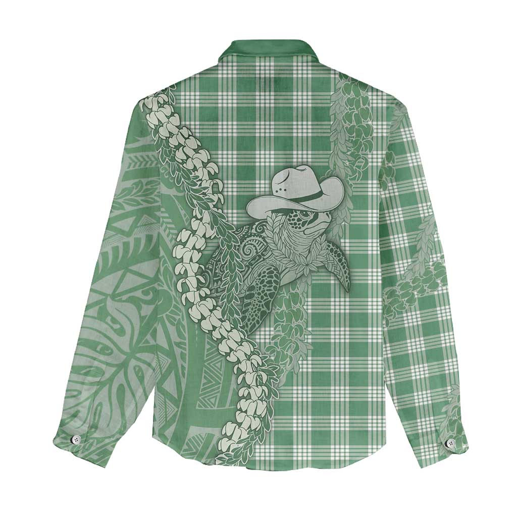 Green Hawaii Palaka Cowboy Turtle Women Casual Shirt Hawaiian Paniolo Puakenikeni Maile Lei DT05 - Polynesian Pride