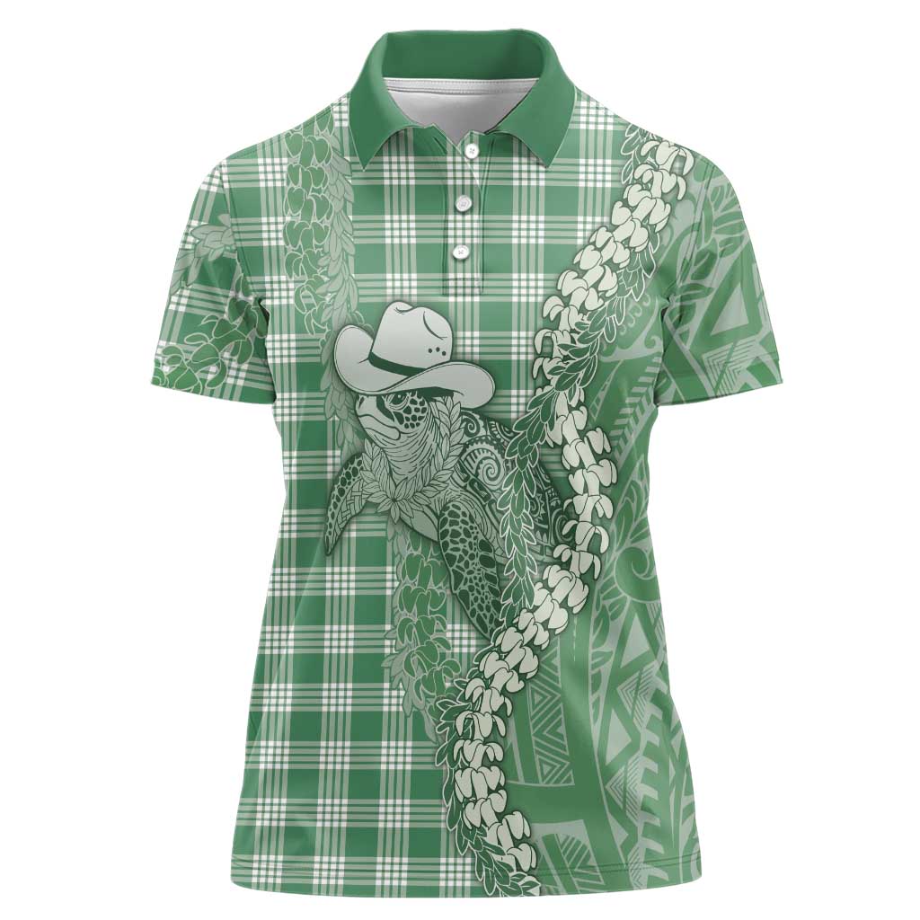 Green Hawaii Palaka Cowboy Turtle Women Polo Shirt Hawaiian Paniolo Puakenikeni Maile Lei DT05 Female Green - Polynesian Pride