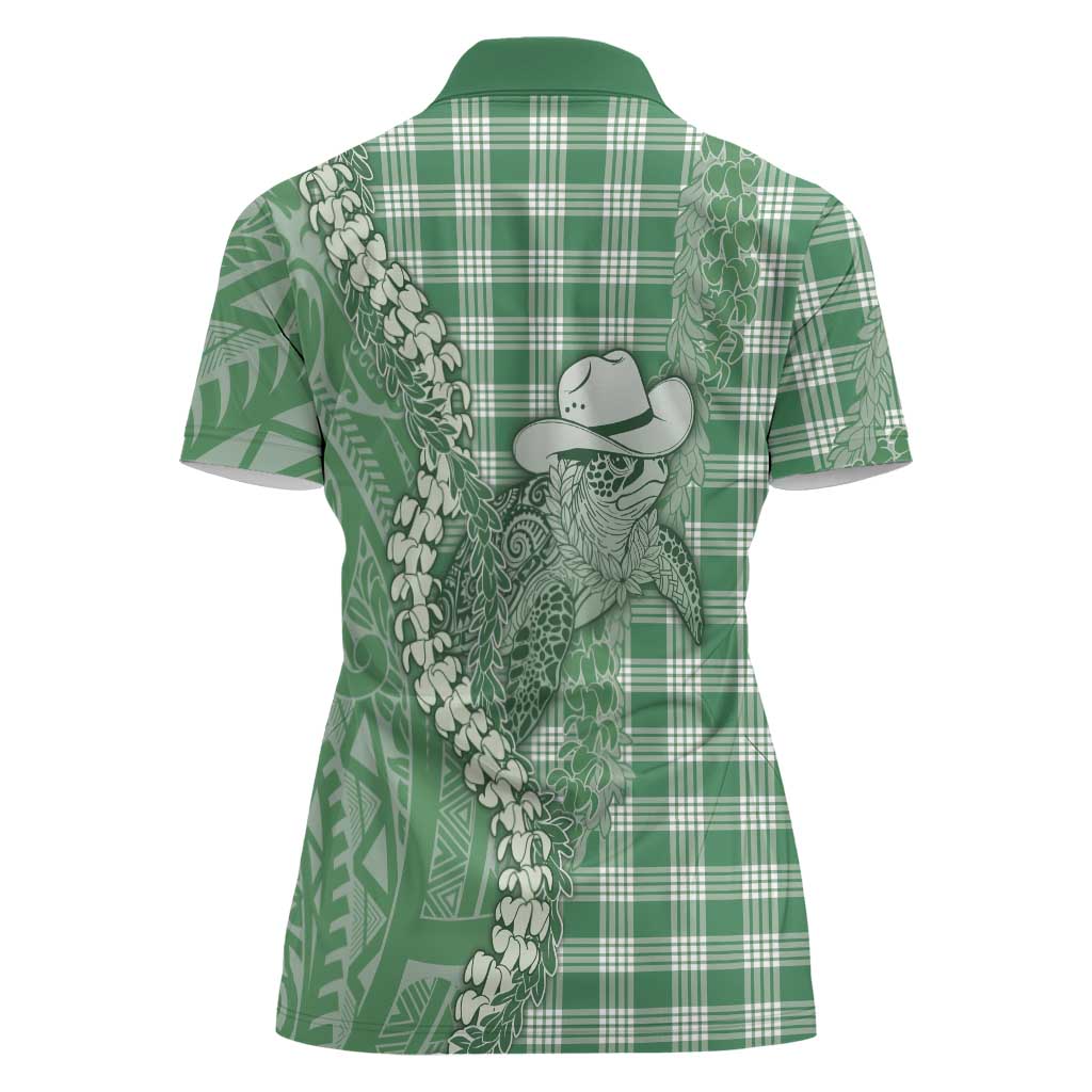 Green Hawaii Palaka Cowboy Turtle Women Polo Shirt Hawaiian Paniolo Puakenikeni Maile Lei DT05 - Polynesian Pride
