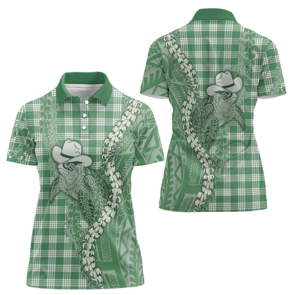 Green Hawaii Palaka Cowboy Turtle Women Polo Shirt Hawaiian Paniolo Puakenikeni Maile Lei DT05 - Polynesian Pride