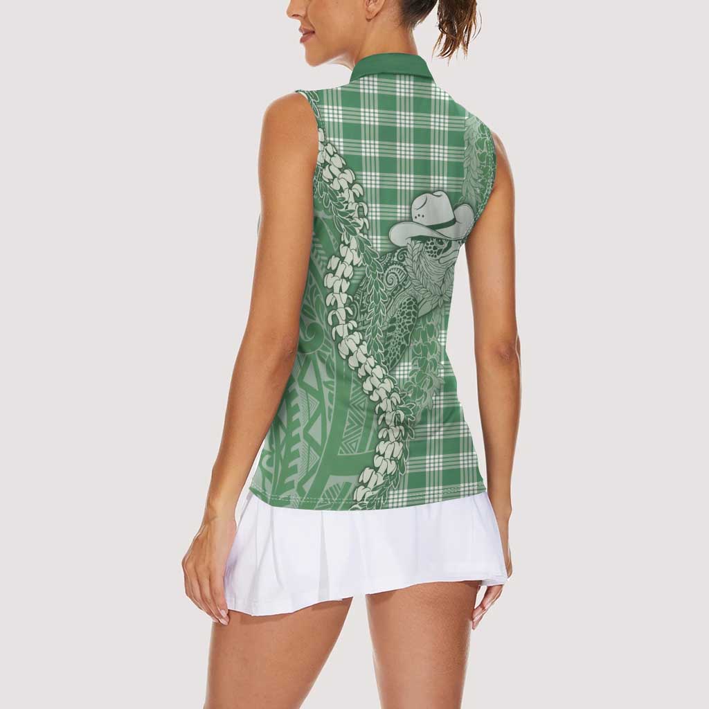 Green Hawaii Palaka Cowboy Turtle Women Sleeveless Polo Shirt Hawaiian Paniolo Puakenikeni Maile Lei DT05 - Polynesian Pride