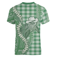 Green Hawaii Palaka Cowboy Turtle Women V-Neck T-Shirt Hawaiian Paniolo Puakenikeni Maile Lei DT05 - Polynesian Pride