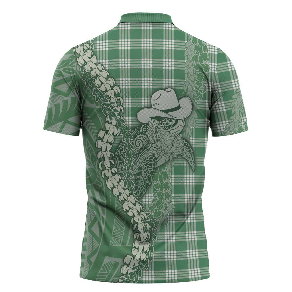 Green Hawaii Palaka Cowboy Turtle Zipper Polo Shirt Hawaiian Paniolo Puakenikeni Maile Lei DT05 - Polynesian Pride