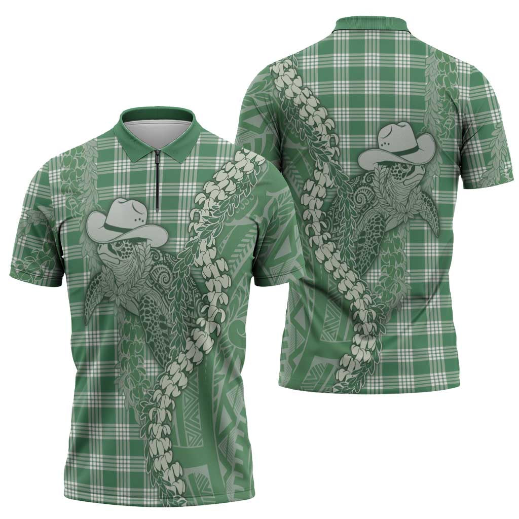 Green Hawaii Palaka Cowboy Turtle Zipper Polo Shirt Hawaiian Paniolo Puakenikeni Maile Lei DT05 - Polynesian Pride