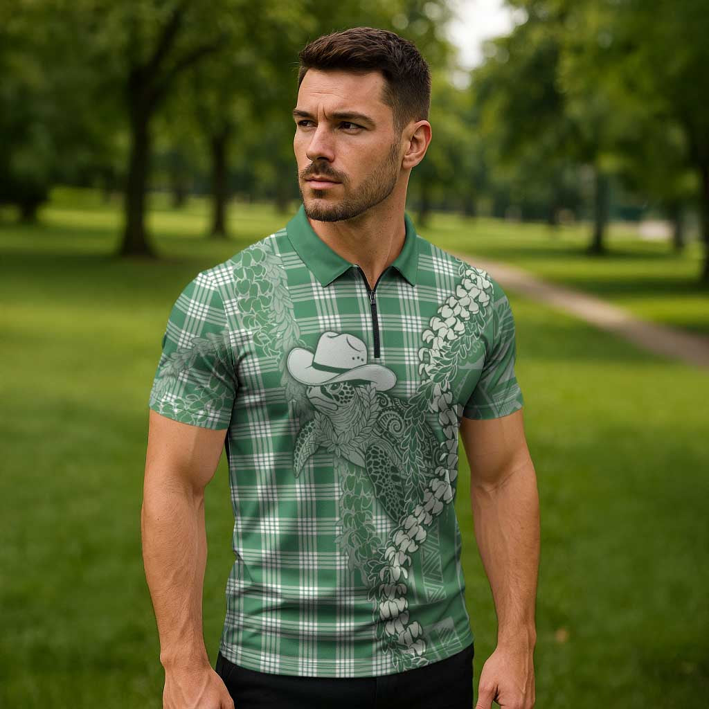 Green Hawaii Palaka Cowboy Turtle Zipper Polo Shirt Hawaiian Paniolo Puakenikeni Maile Lei DT05 - Polynesian Pride
