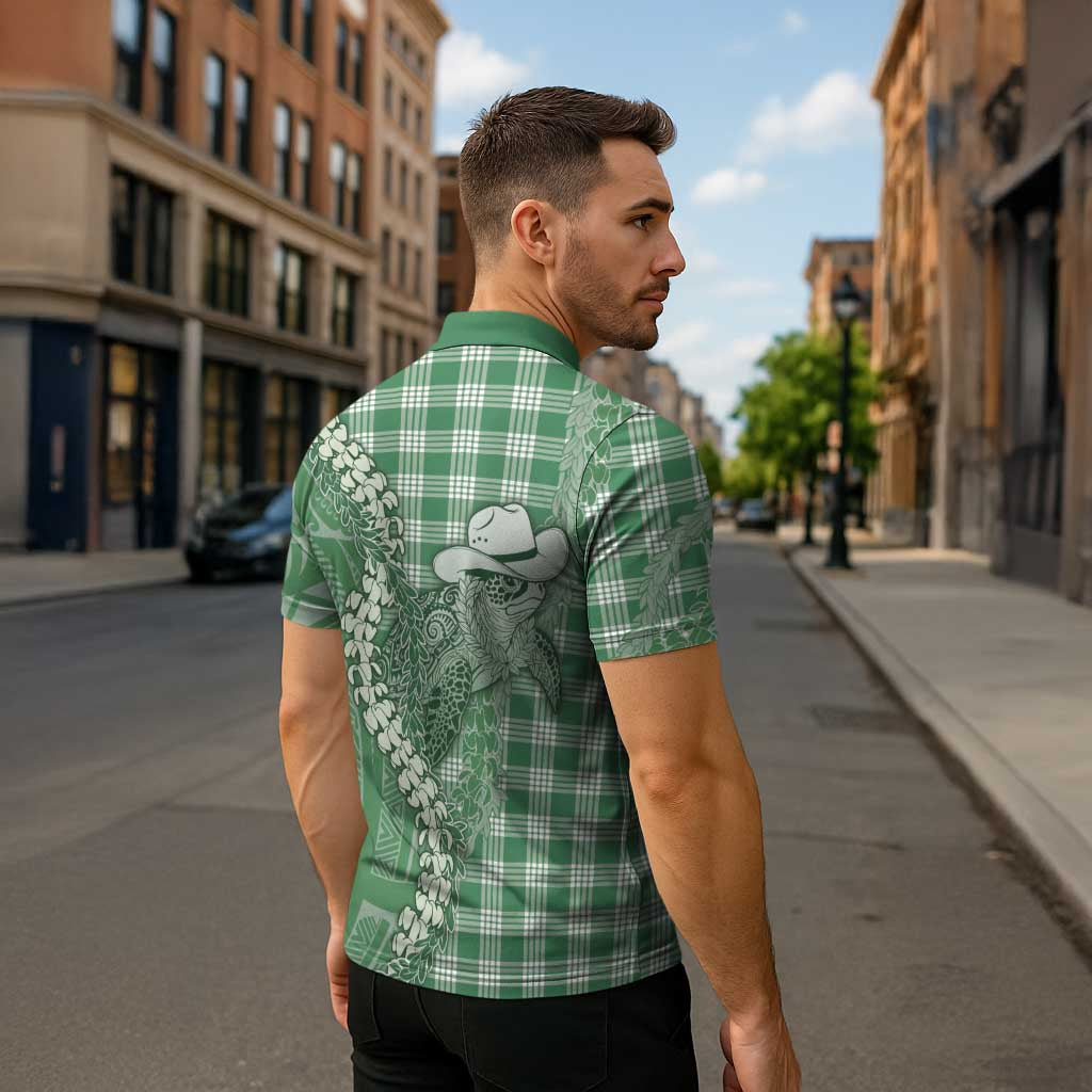 Green Hawaii Palaka Cowboy Turtle Zipper Polo Shirt Hawaiian Paniolo Puakenikeni Maile Lei DT05 - Polynesian Pride