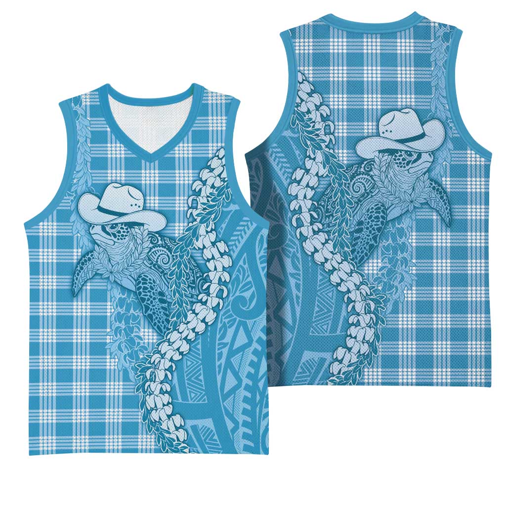 Blue Hawaii Palaka Cowboy Turtle Basketball Jersey Hawaiian Paniolo Puakenikeni Maile Lei - Polynesian Pride