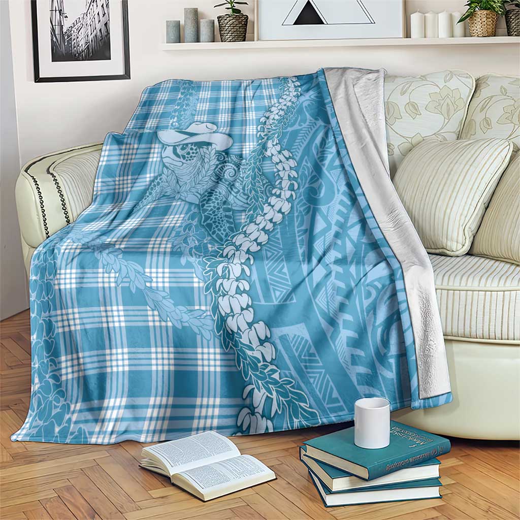Blue Hawaii Palaka Cowboy Turtle Blanket Hawaiian Paniolo Puakenikeni Maile Lei DT05 Blue - Polynesian Pride