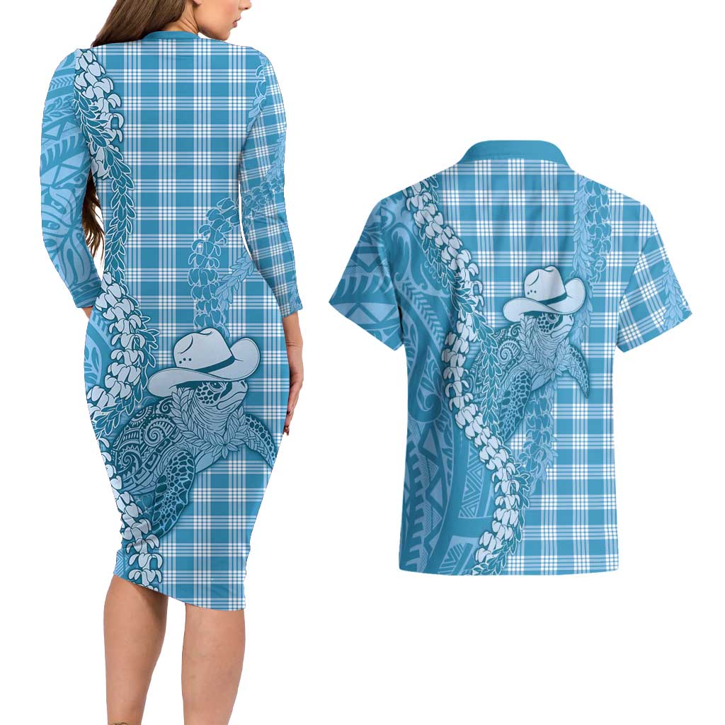 Blue Hawaii Palaka Cowboy Turtle Couples Matching Long Sleeve Bodycon Dress and Hawaiian Shirt Hawaiian Paniolo Puakenikeni Maile Lei DT05 - Polynesian Pride
