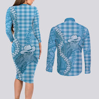 Blue Hawaii Palaka Cowboy Turtle Couples Matching Long Sleeve Bodycon Dress and Long Sleeve Button Shirt Hawaiian Paniolo Puakenikeni Maile Lei DT05 - Polynesian Pride