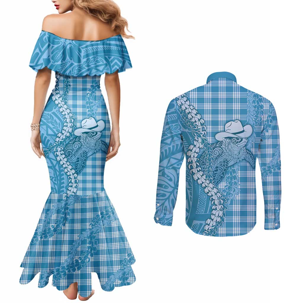 Blue Hawaii Palaka Cowboy Turtle Couples Matching Mermaid Dress and Long Sleeve Button Shirt Hawaiian Paniolo Puakenikeni Maile Lei DT05 - Polynesian Pride