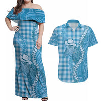Blue Hawaii Palaka Cowboy Turtle Couples Matching Off Shoulder Maxi Dress and Hawaiian Shirt Hawaiian Paniolo Puakenikeni Maile Lei DT05 Blue - Polynesian Pride