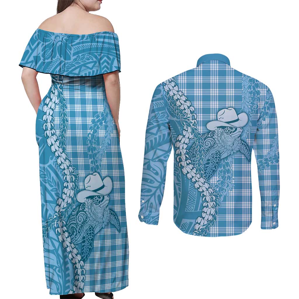 Blue Hawaii Palaka Cowboy Turtle Couples Matching Off Shoulder Maxi Dress and Long Sleeve Button Shirt Hawaiian Paniolo Puakenikeni Maile Lei DT05 - Polynesian Pride