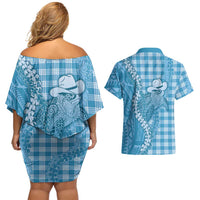 Blue Hawaii Palaka Cowboy Turtle Couples Matching Off Shoulder Short Dress and Hawaiian Shirt Hawaiian Paniolo Puakenikeni Maile Lei DT05 - Polynesian Pride