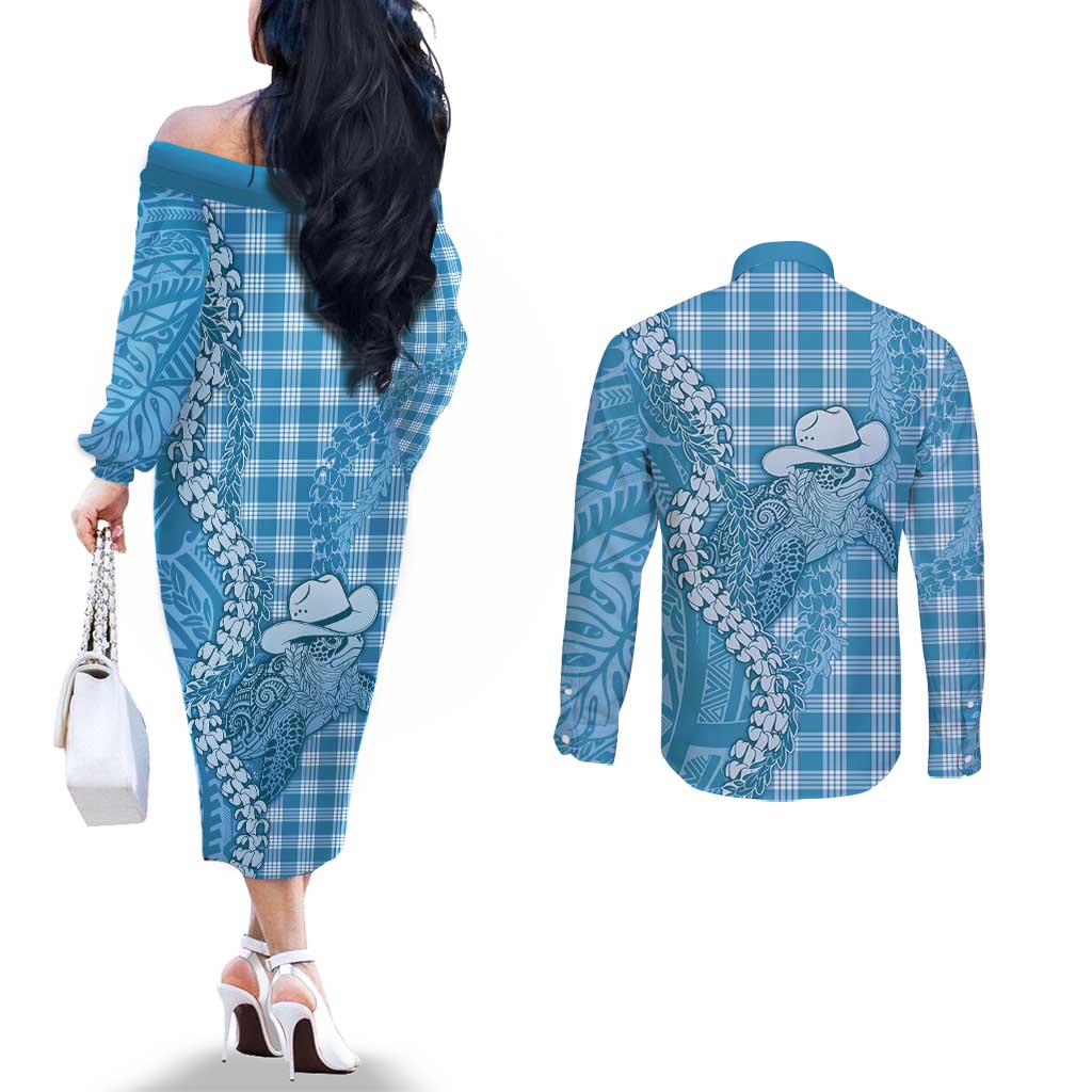 Blue Hawaii Palaka Cowboy Turtle Couples Matching Off The Shoulder Long Sleeve Dress and Long Sleeve Button Shirt Hawaiian Paniolo Puakenikeni Maile Lei DT05 - Polynesian Pride