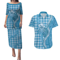 Blue Hawaii Palaka Cowboy Turtle Couples Matching Puletasi and Hawaiian Shirt Hawaiian Paniolo Puakenikeni Maile Lei DT05 Blue - Polynesian Pride