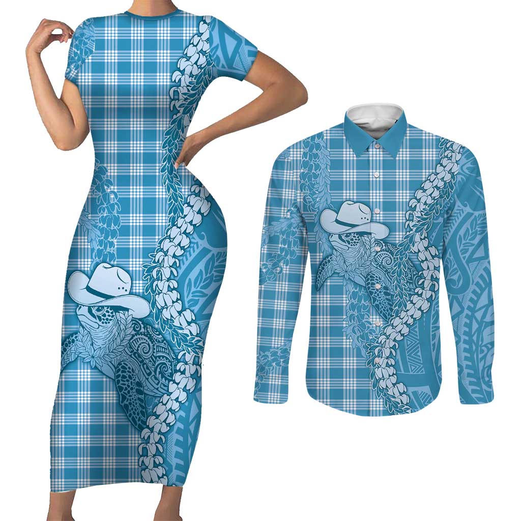 Blue Hawaii Palaka Cowboy Turtle Couples Matching Short Sleeve Bodycon Dress and Long Sleeve Button Shirt Hawaiian Paniolo Puakenikeni Maile Lei DT05 Blue - Polynesian Pride