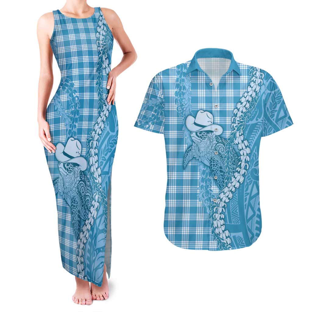 Blue Hawaii Palaka Cowboy Turtle Couples Matching Tank Maxi Dress and Hawaiian Shirt Hawaiian Paniolo Puakenikeni Maile Lei DT05 Blue - Polynesian Pride