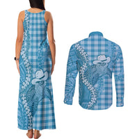 Blue Hawaii Palaka Cowboy Turtle Couples Matching Tank Maxi Dress and Long Sleeve Button Shirt Hawaiian Paniolo Puakenikeni Maile Lei DT05 - Polynesian Pride