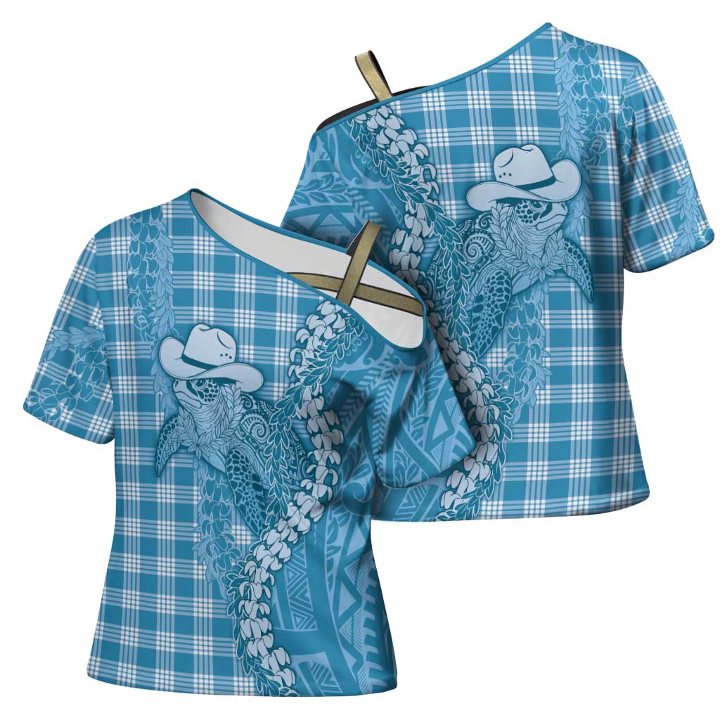 Blue Hawaii Palaka Cowboy Turtle Cross Shoulder Shirt Hawaiian Paniolo Puakenikeni Maile Lei - Polynesian Pride