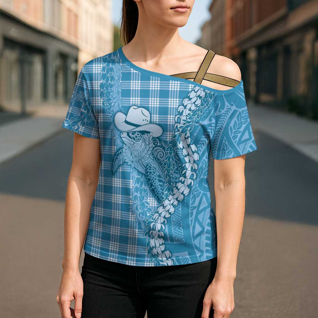 Blue Hawaii Palaka Cowboy Turtle Cross Shoulder Shirt Hawaiian Paniolo Puakenikeni Maile Lei - Polynesian Pride