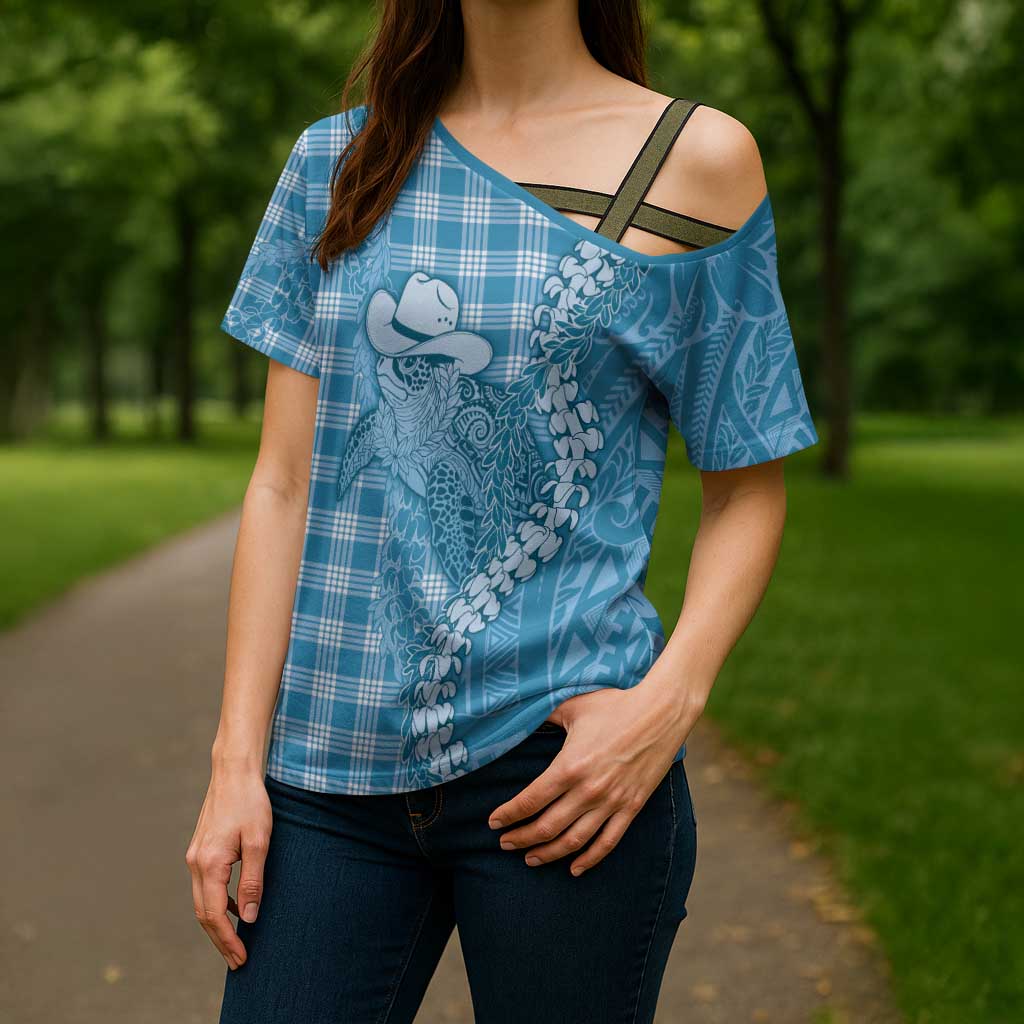 Blue Hawaii Palaka Cowboy Turtle Cross Shoulder Shirt Hawaiian Paniolo Puakenikeni Maile Lei - Polynesian Pride