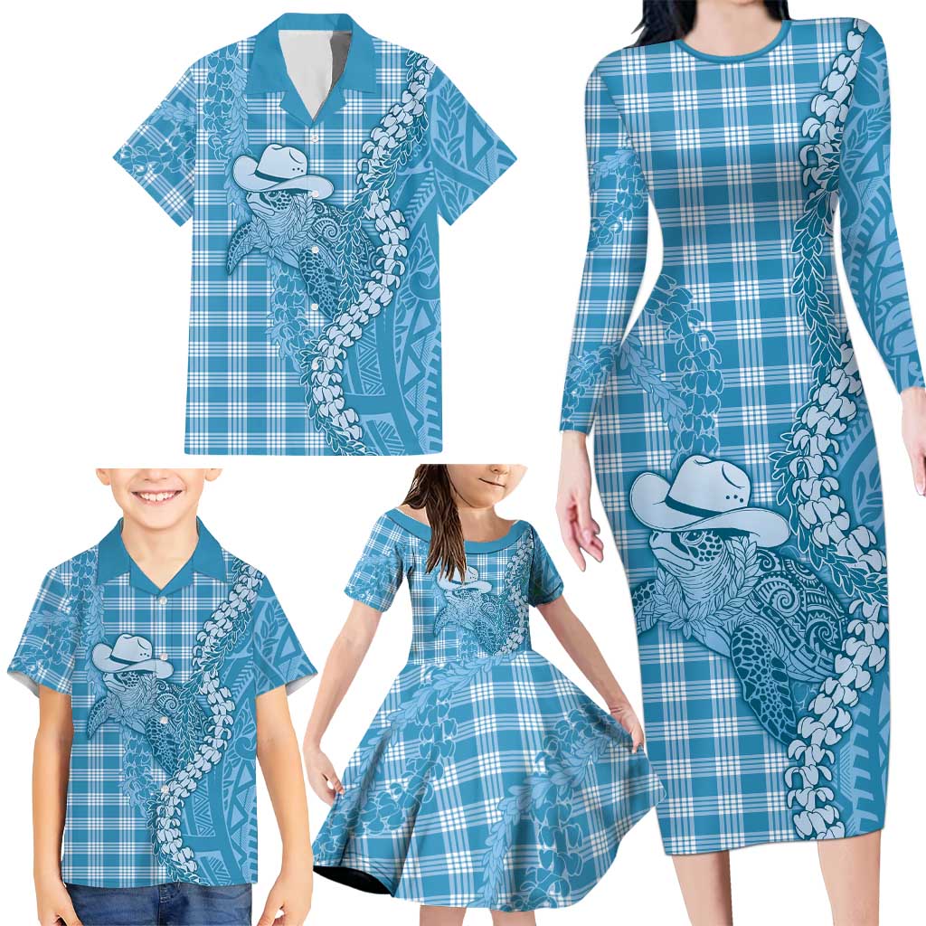 Blue Hawaii Palaka Cowboy Turtle Family Matching Long Sleeve Bodycon Dress and Hawaiian Shirt Hawaiian Paniolo Puakenikeni Maile Lei DT05 - Polynesian Pride