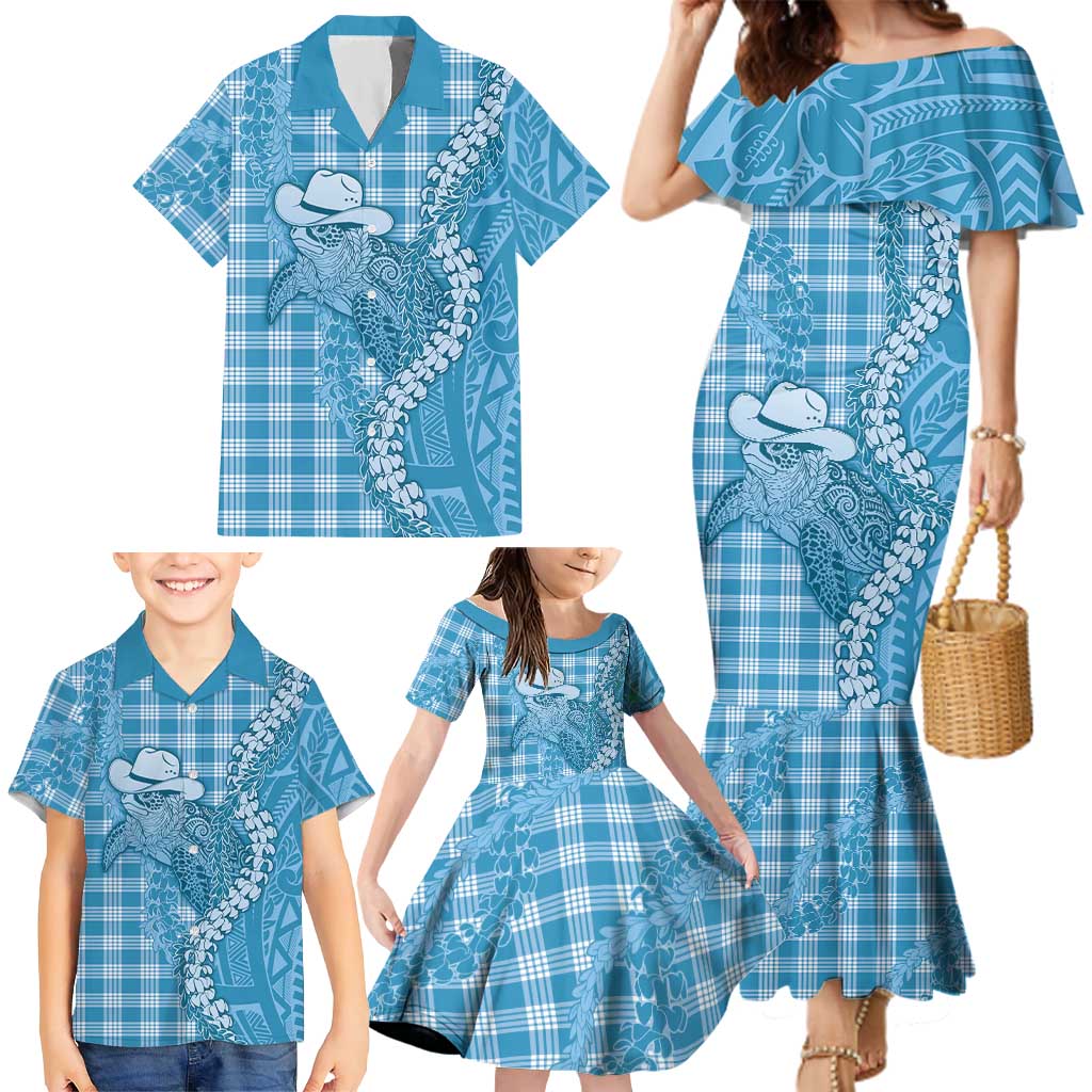 Blue Hawaii Palaka Cowboy Turtle Family Matching Mermaid Dress and Hawaiian Shirt Hawaiian Paniolo Puakenikeni Maile Lei - Polynesian Pride