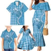 Blue Hawaii Palaka Cowboy Turtle Family Matching Mermaid Dress and Hawaiian Shirt Hawaiian Paniolo Puakenikeni Maile Lei DT05 - Polynesian Pride