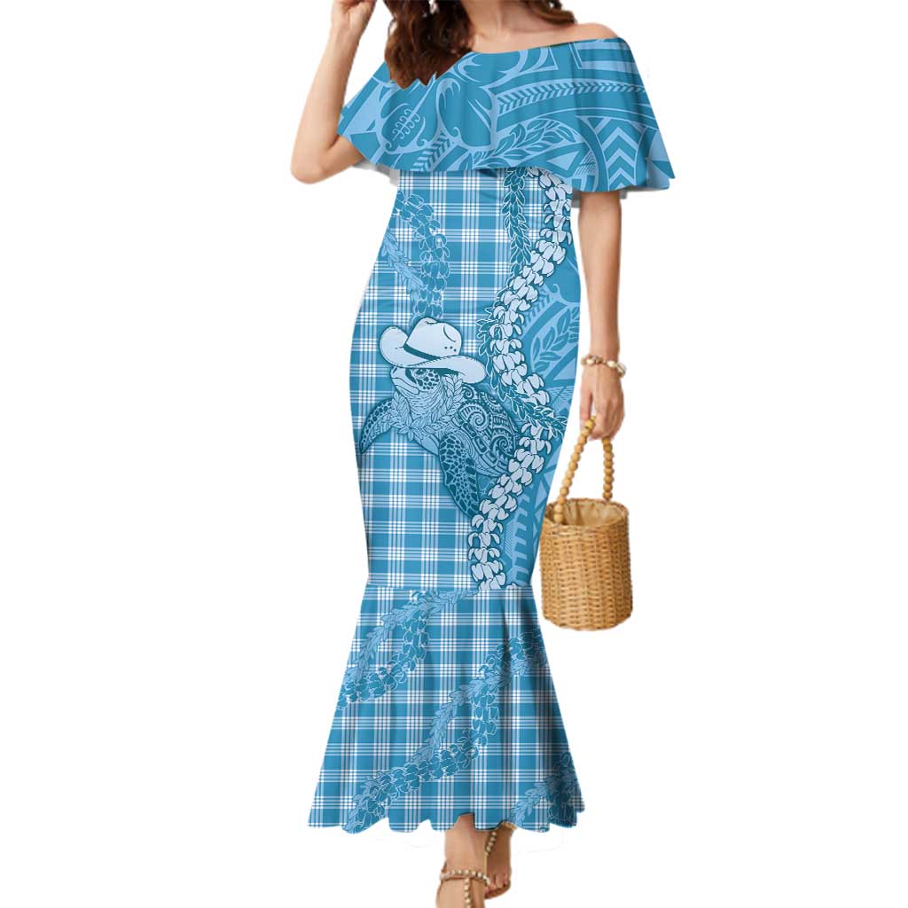 Blue Hawaii Palaka Cowboy Turtle Family Matching Mermaid Dress and Hawaiian Shirt Hawaiian Paniolo Puakenikeni Maile Lei DT05 Mom's Dress Blue - Polynesian Pride
