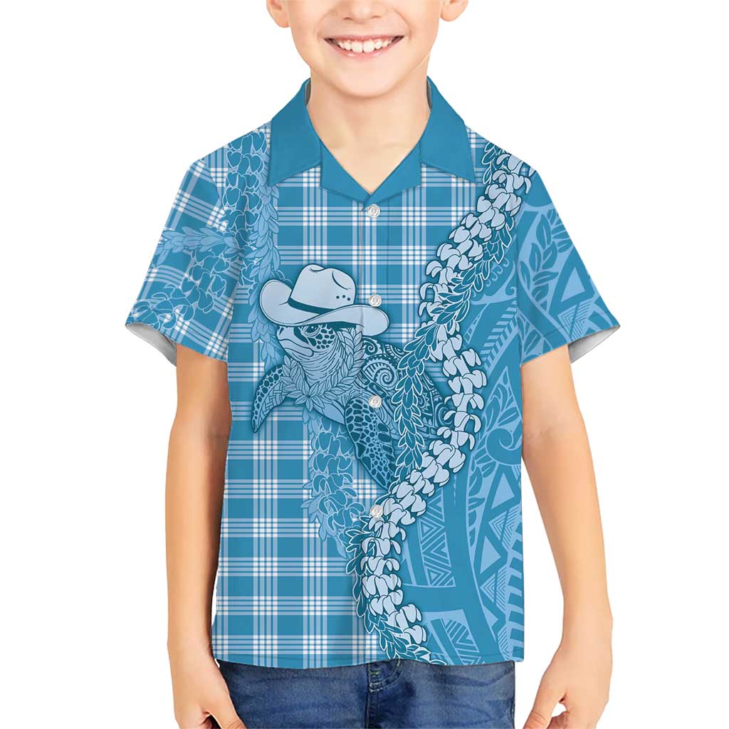 Blue Hawaii Palaka Cowboy Turtle Family Matching Mermaid Dress and Hawaiian Shirt Hawaiian Paniolo Puakenikeni Maile Lei DT05 Son's Shirt Blue - Polynesian Pride
