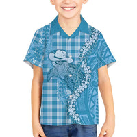 Blue Hawaii Palaka Cowboy Turtle Family Matching Off The Shoulder Long Sleeve Dress and Hawaiian Shirt Hawaiian Paniolo Puakenikeni Maile Lei DT05 Son's Shirt Blue - Polynesian Pride