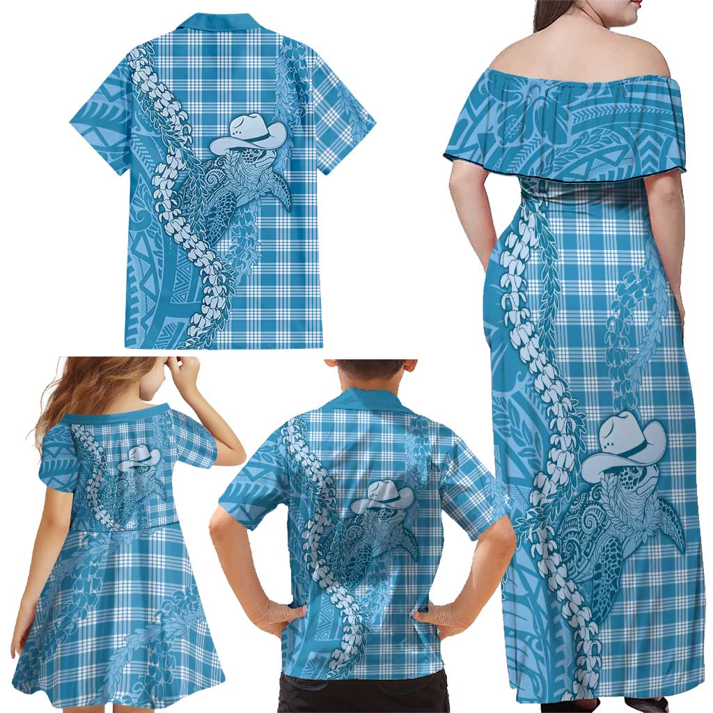 Blue Hawaii Palaka Cowboy Turtle Family Matching Off Shoulder Maxi Dress and Hawaiian Shirt Hawaiian Paniolo Puakenikeni Maile Lei DT05 - Polynesian Pride