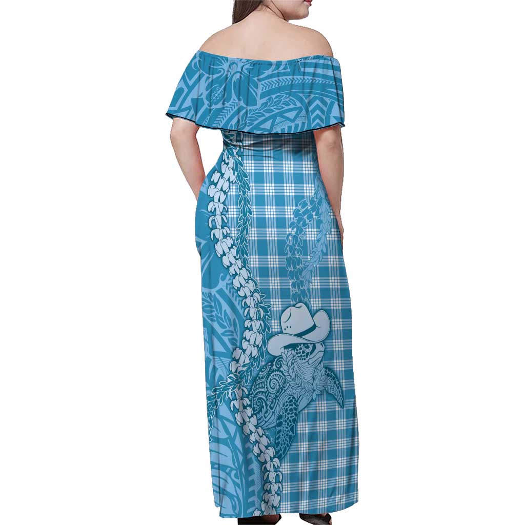 Blue Hawaii Palaka Cowboy Turtle Family Matching Off Shoulder Maxi Dress and Hawaiian Shirt Hawaiian Paniolo Puakenikeni Maile Lei DT05 - Polynesian Pride