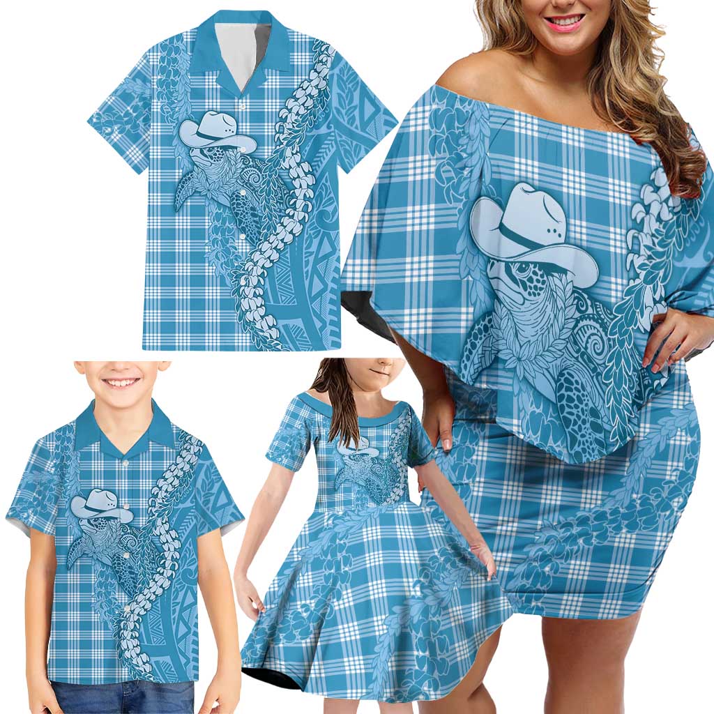 Blue Hawaii Palaka Cowboy Turtle Family Matching Off Shoulder Short Dress and Hawaiian Shirt Hawaiian Paniolo Puakenikeni Maile Lei DT05 - Polynesian Pride