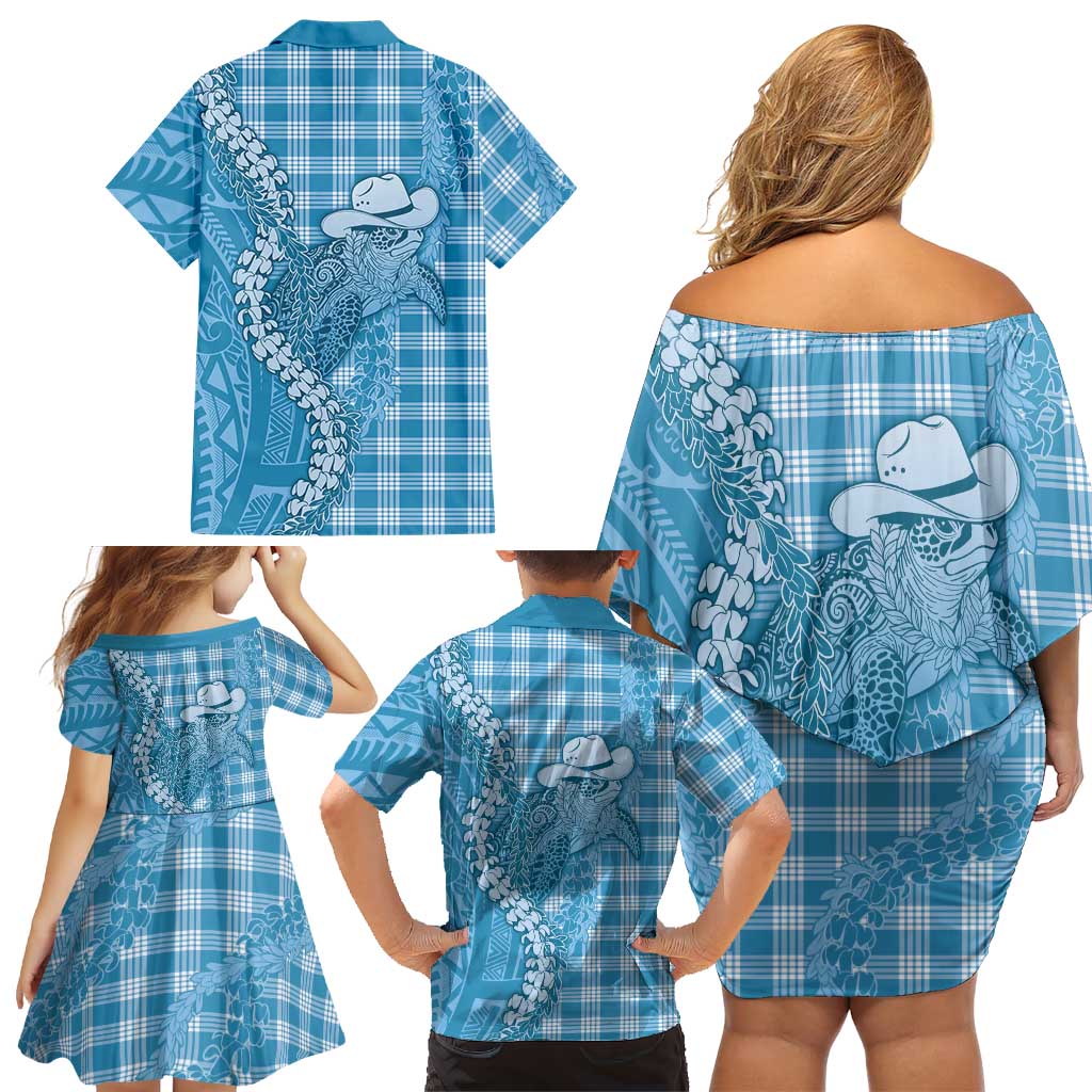 Blue Hawaii Palaka Cowboy Turtle Family Matching Off Shoulder Short Dress and Hawaiian Shirt Hawaiian Paniolo Puakenikeni Maile Lei DT05 - Polynesian Pride