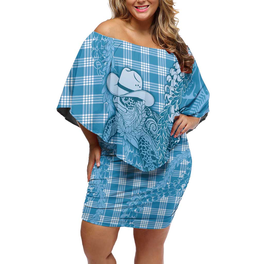 Blue Hawaii Palaka Cowboy Turtle Family Matching Off Shoulder Short Dress and Hawaiian Shirt Hawaiian Paniolo Puakenikeni Maile Lei DT05 Mom's Dress Blue - Polynesian Pride