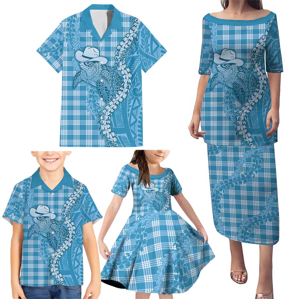 Blue Hawaii Palaka Cowboy Turtle Family Matching Puletasi and Hawaiian Shirt Hawaiian Paniolo Puakenikeni Maile Lei DT05 - Polynesian Pride