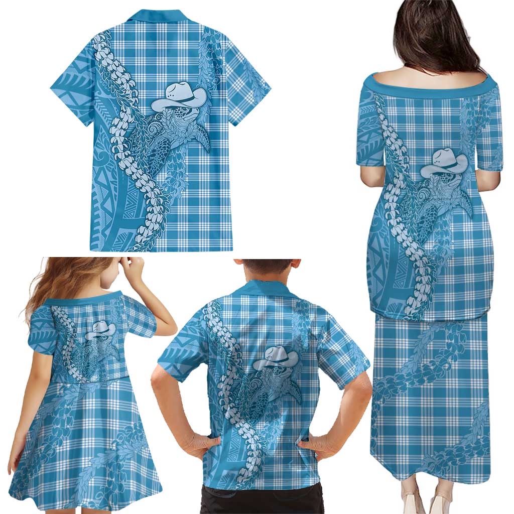 Blue Hawaii Palaka Cowboy Turtle Family Matching Puletasi and Hawaiian Shirt Hawaiian Paniolo Puakenikeni Maile Lei DT05 - Polynesian Pride