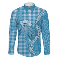 Blue Hawaii Palaka Cowboy Turtle Family Matching Puletasi and Hawaiian Shirt Hawaiian Paniolo Puakenikeni Maile Lei DT05 Dad's Shirt - Long Sleeve Blue - Polynesian Pride