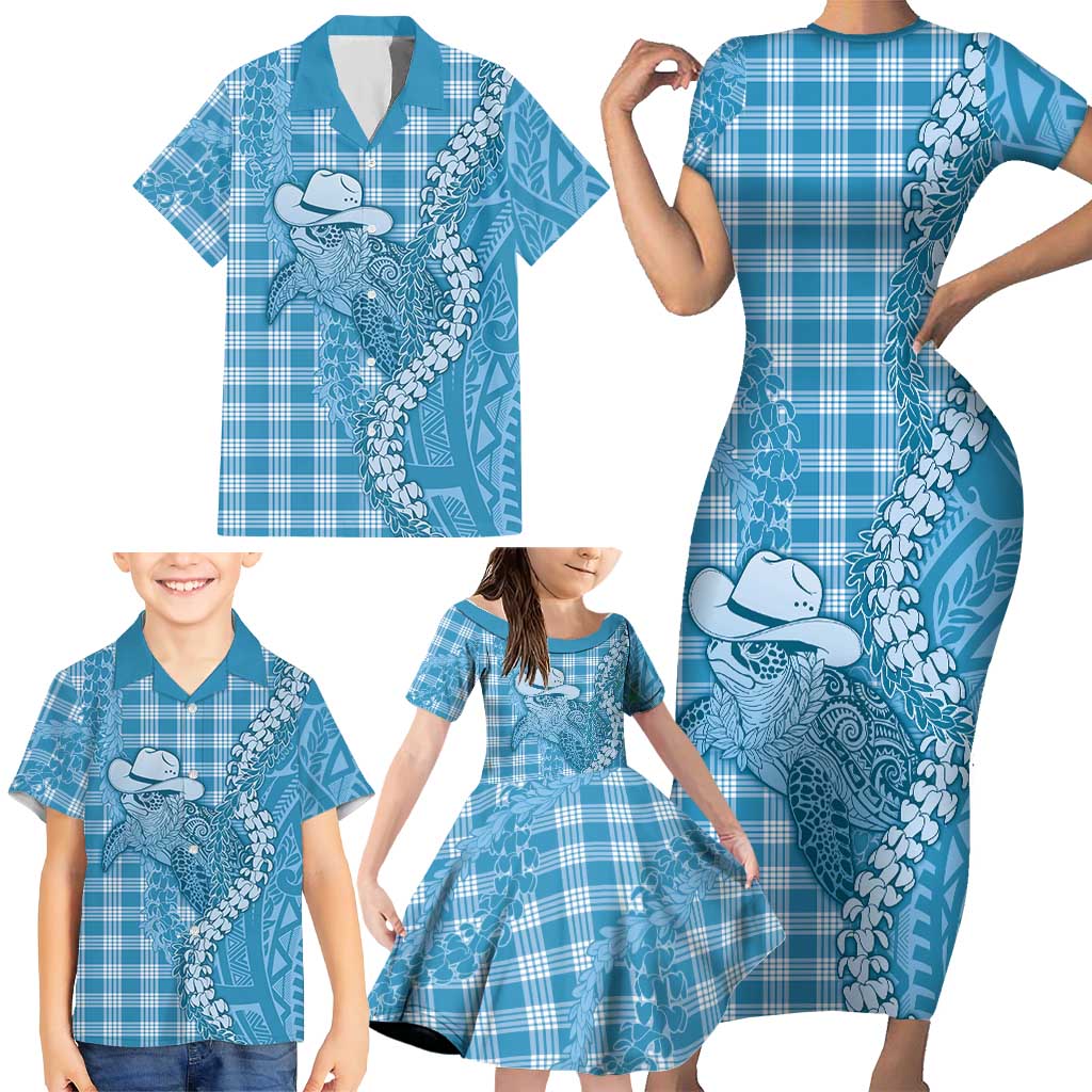 Blue Hawaii Palaka Cowboy Turtle Family Matching Short Sleeve Bodycon Dress and Hawaiian Shirt Hawaiian Paniolo Puakenikeni Maile Lei - Polynesian Pride