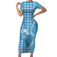 Blue Hawaii Palaka Cowboy Turtle Family Matching Short Sleeve Bodycon Dress and Hawaiian Shirt Hawaiian Paniolo Puakenikeni Maile Lei DT05 Mom's Dress Blue - Polynesian Pride