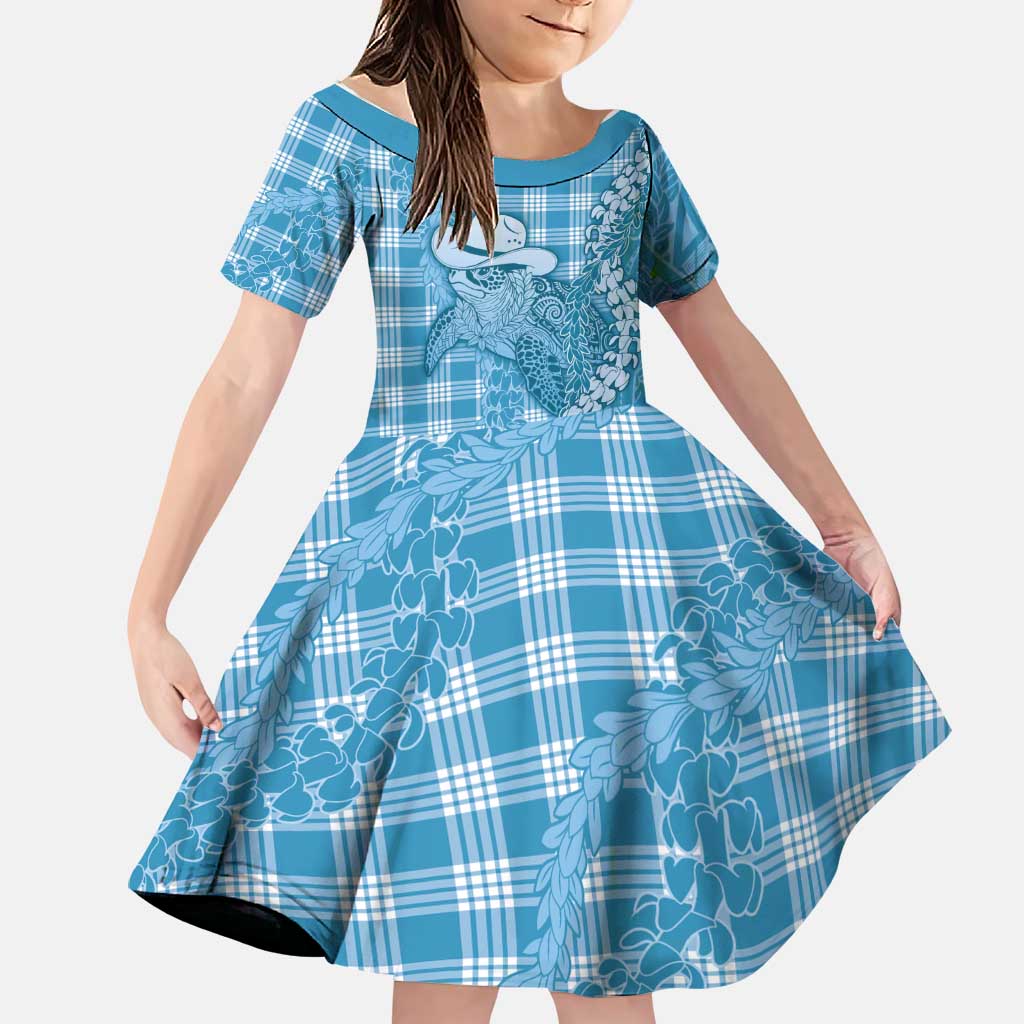 Blue Hawaii Palaka Cowboy Turtle Family Matching Summer Maxi Dress and Hawaiian Shirt Hawaiian Paniolo Puakenikeni Maile Lei DT05 Daughter's Dress Blue - Polynesian Pride