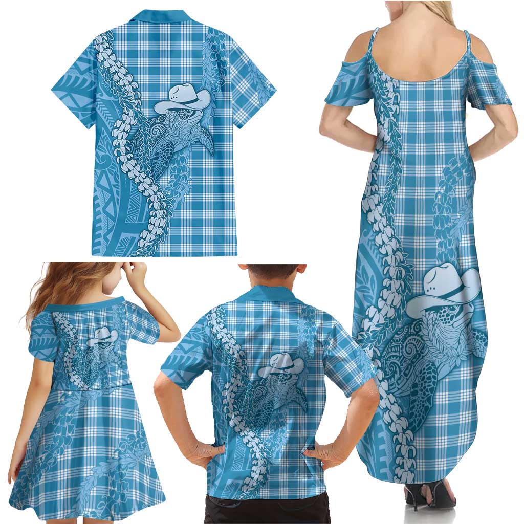 Blue Hawaii Palaka Cowboy Turtle Family Matching Summer Maxi Dress and Hawaiian Shirt Hawaiian Paniolo Puakenikeni Maile Lei DT05 - Polynesian Pride