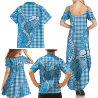Blue Hawaii Palaka Cowboy Turtle Family Matching Summer Maxi Dress and Hawaiian Shirt Hawaiian Paniolo Puakenikeni Maile Lei DT05 - Polynesian Pride