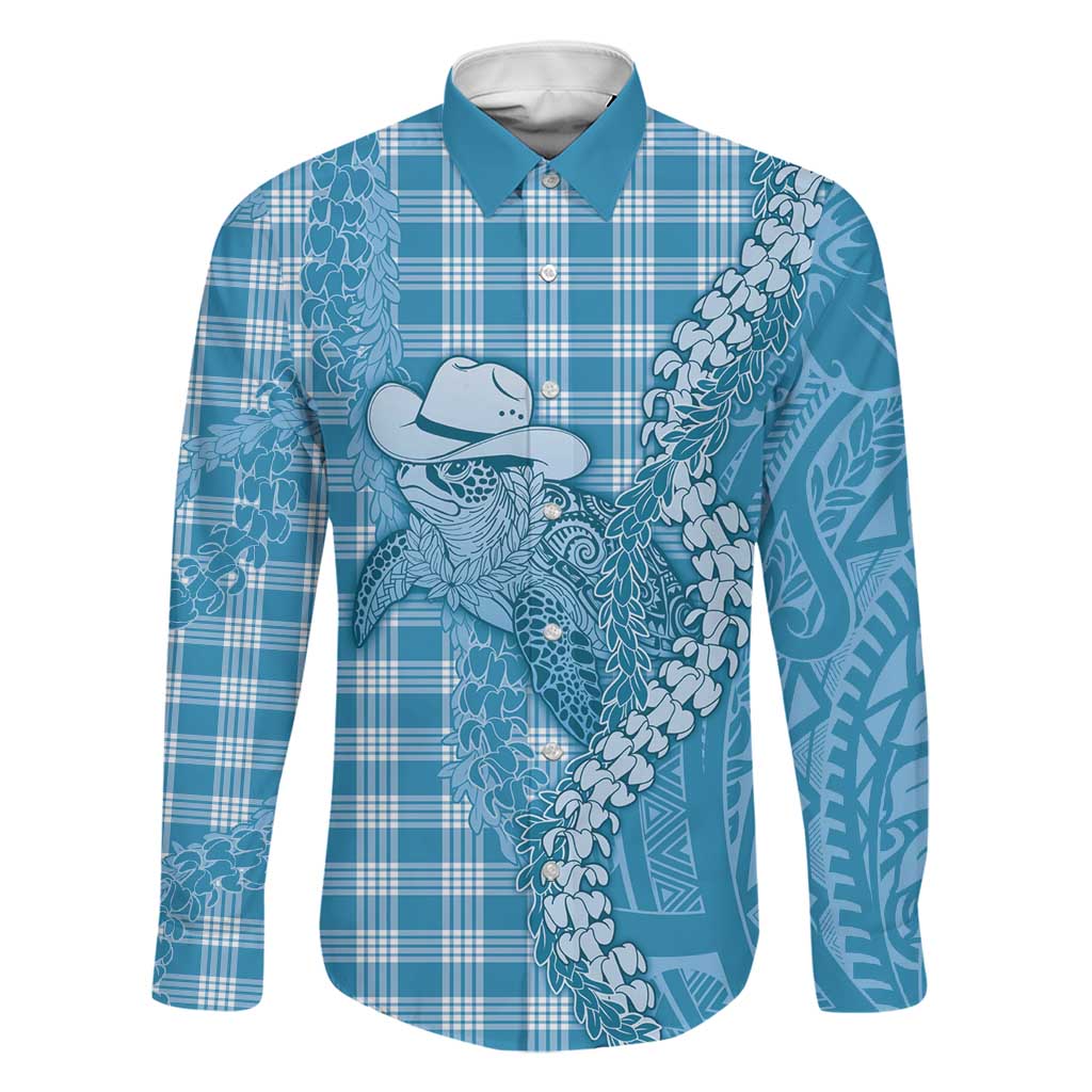 Blue Hawaii Palaka Cowboy Turtle Family Matching Summer Maxi Dress and Hawaiian Shirt Hawaiian Paniolo Puakenikeni Maile Lei DT05 Dad's Shirt - Long Sleeve Blue - Polynesian Pride